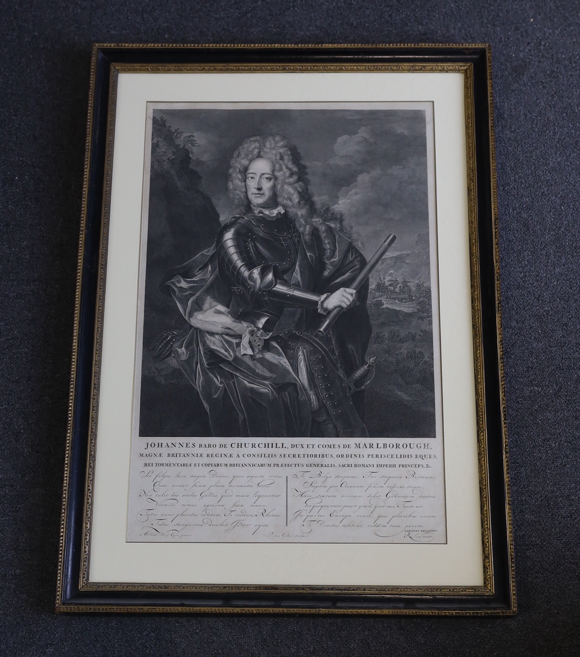 Pieter Stevens Van Gunst and Leers after Adriaen Van der Werf, engraving, 'Johannes Baro de Churchill, Dux et Comes du Marlborough ...', visible sheet 62 x 40cm